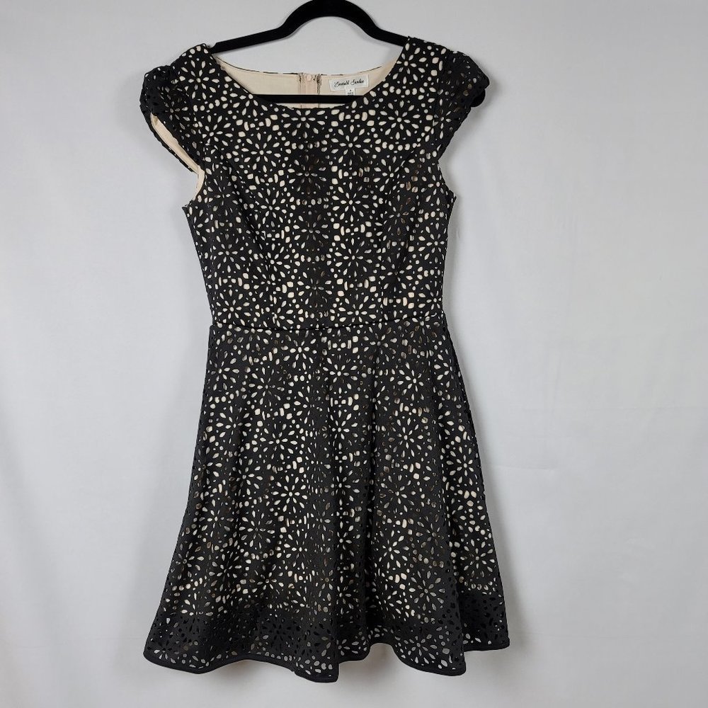 Emerald Sundae fit and flair puff cap sleeve dress cutout overlay eyelet